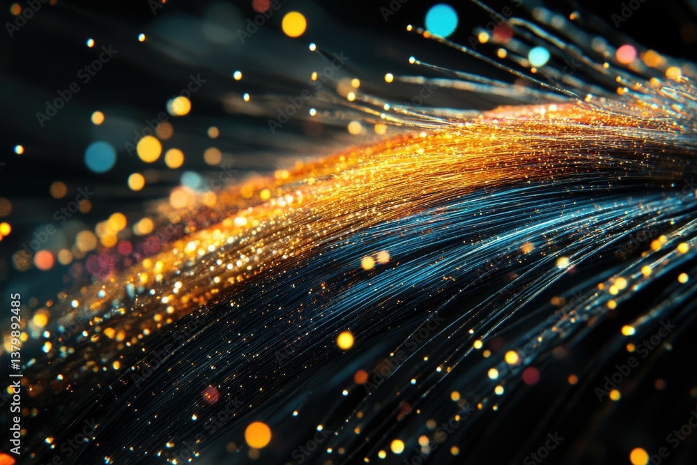 A mesmerizing abstract image showcasing fiber optic strands with glowing golden light particles against a dark, bokeh background.