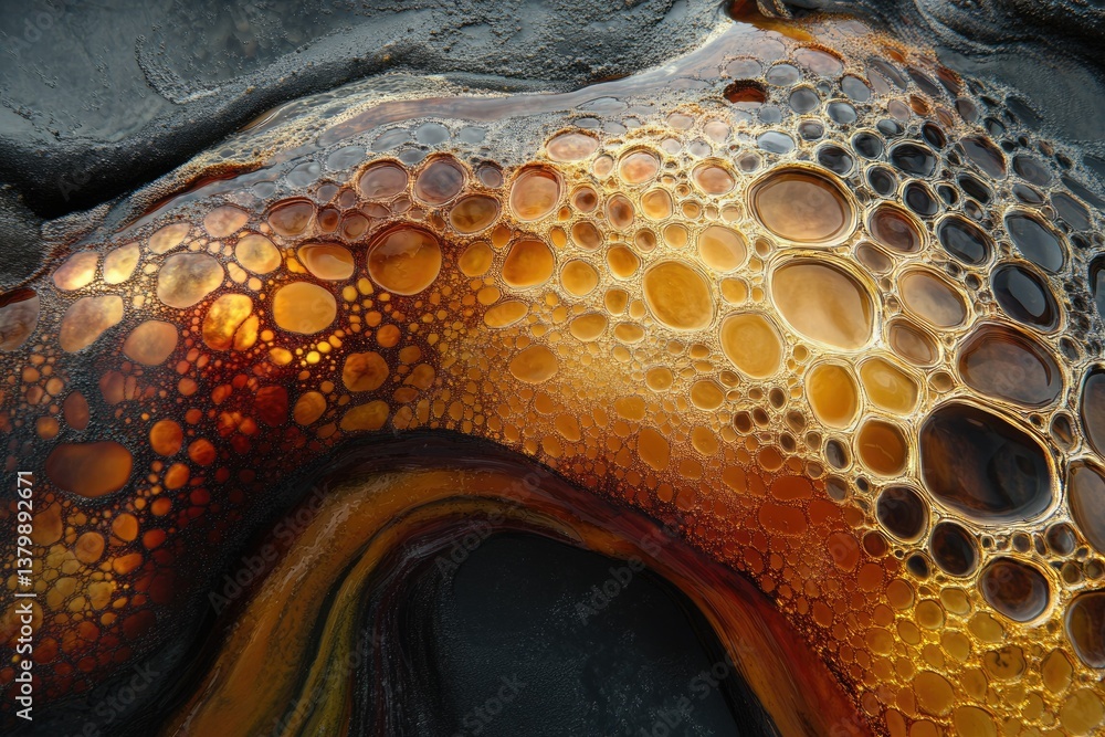 Abstract golden and dark fluid art featuring various-sized bubbles and organic shapes, creating a captivating visual texture.
