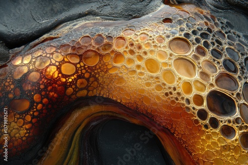 Obraz na płótnie Abstract golden and dark fluid art featuring various-sized bubbles and organic shapes, creating a captivating visual texture. w salonie
