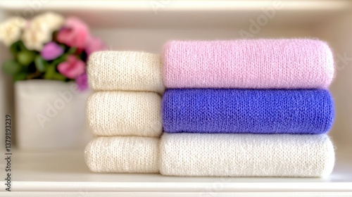 Stack of Soft Knitted Sweaters in Pastel Colors on a Shelf Cozy and Comfortable Winter Apparel