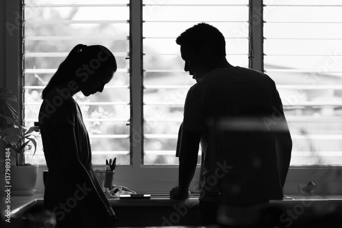 unhappy crying frightened woman, aggressive man quarreling at home. Angry husband emotionally arguing screaming shouting to scared wife psychological emotional abuse, domestic violence relationship	