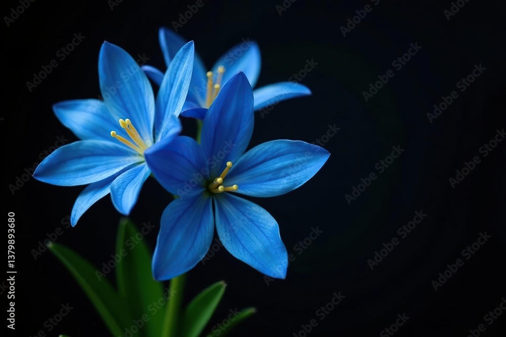 Fototapeta premium Blue flowers in a bouquet against a dramatic black background, flower, arrangement