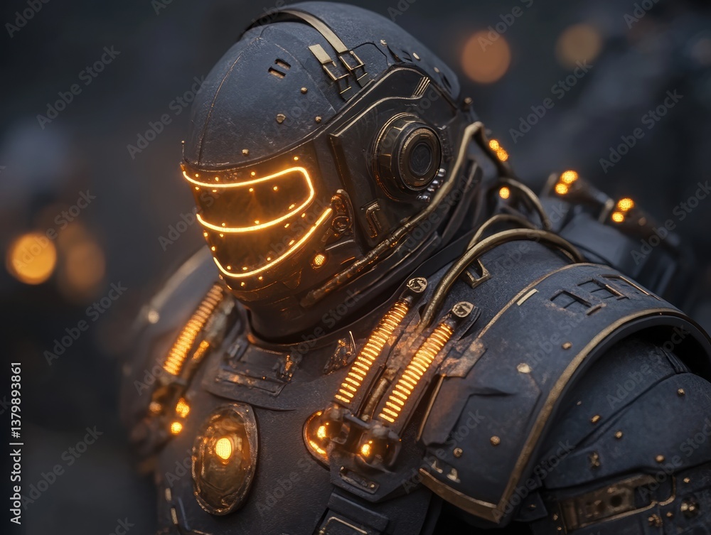 Fototapeta premium Steampunk knight in mechanical armor stands ready for adventure in a futuristic cityscape at dusk