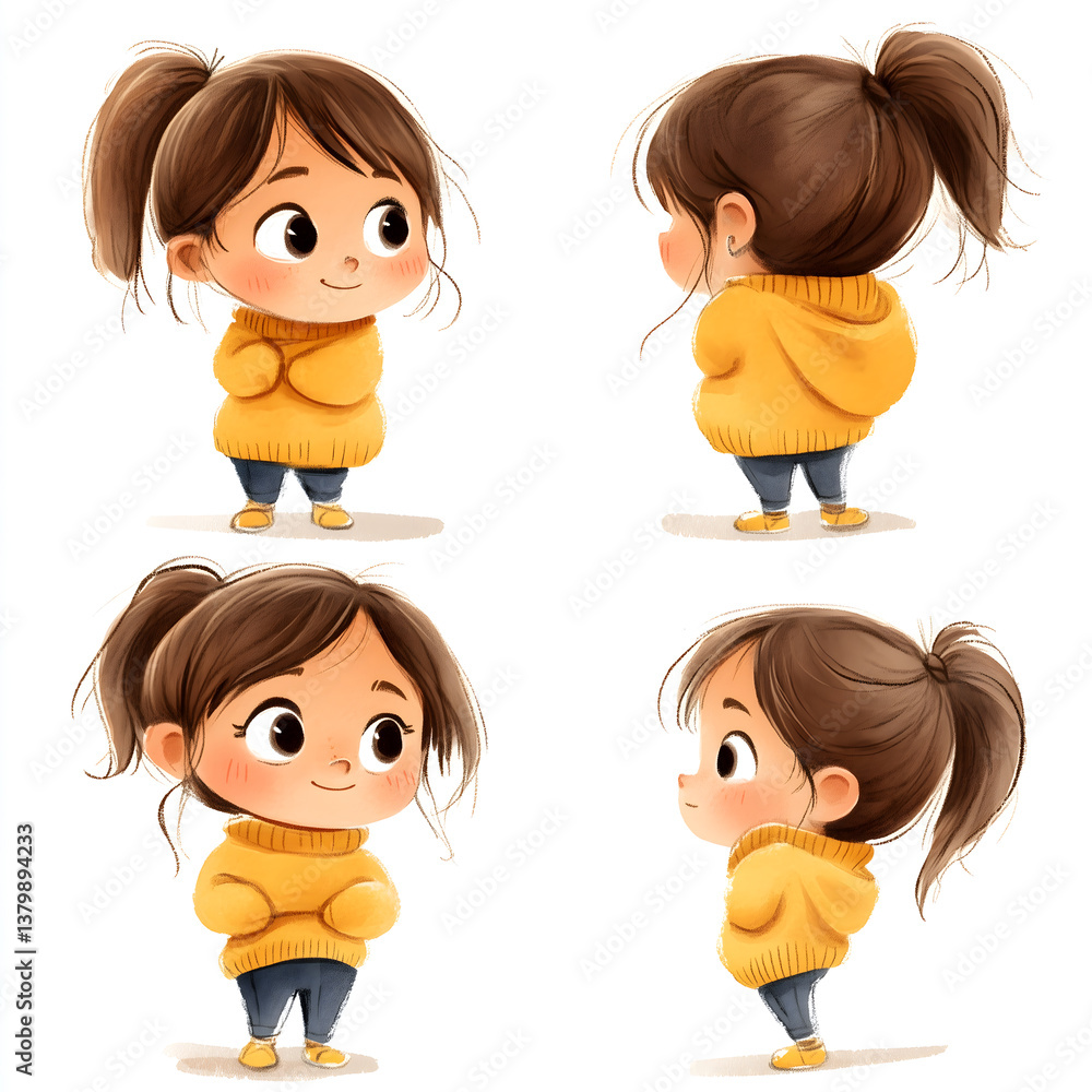 Petite fille en pull jaune dans différentes positions mignonnes Petite fille en pull jaune dans différentes positions mignonnes