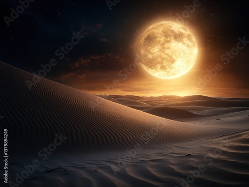 Surreal moonlit night in a vast, tranquil desert landscape with sand dunes illuminated by a glowing full moon