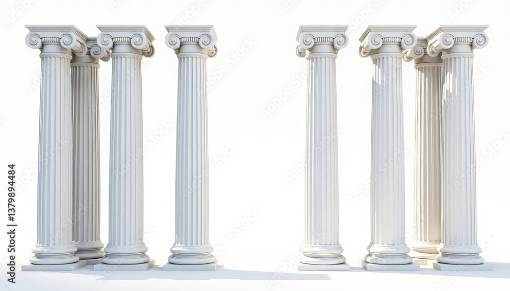 Elegant Roman columns against a stark white backdrop , design, vintage