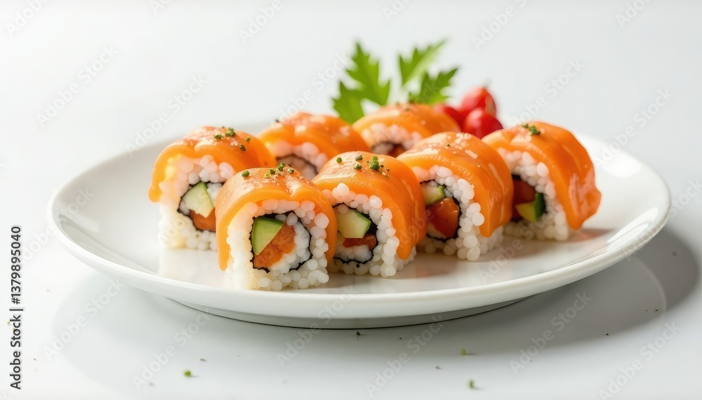 Elegant sushi arrangement on pristine white background, tofu, gourmet Elegant sushi arrangement on pristine white background, tofu, gourmet