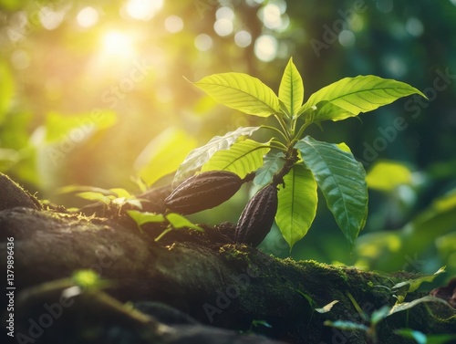 Cocoa tree sprouts thrive in Ghana's lush landscape as sunlight filters through the leaves
