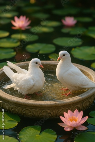 Doves resting in stone basin with water surrounded by blooming lotus in tranquil pond

