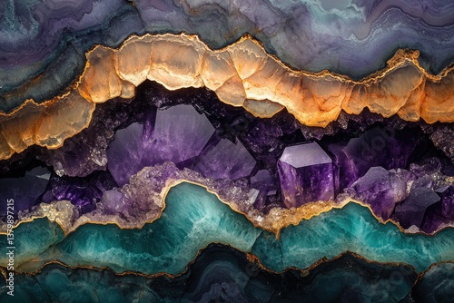 A mesmerizing geode showcases layers of amethyst crystals bordered by amber and teal mineral formations, intricate geological beauty.