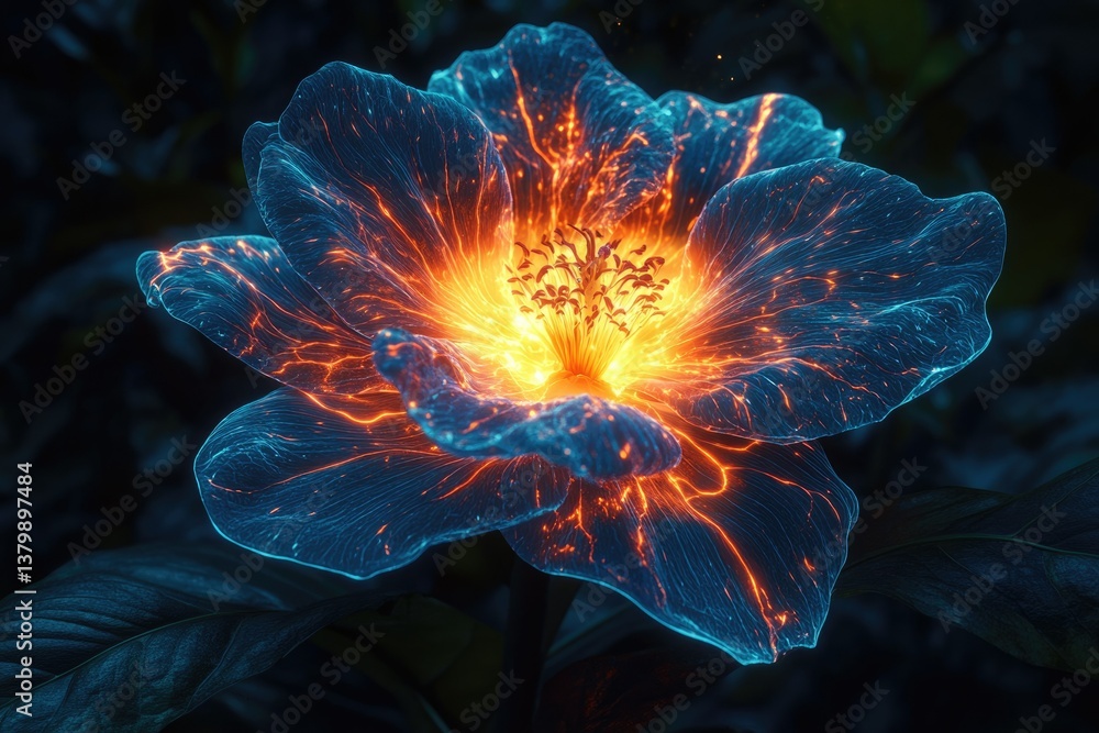 Obraz premium A glowing flower with fiery orange veins against a dark background, emitting a vibrant, radiant energy.