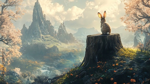 A rabbit observing a scenic mountain landscape on a tree stump