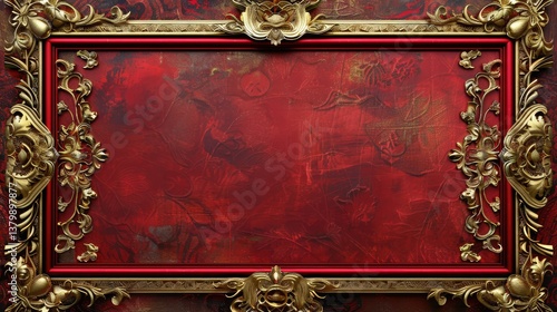 Ornate golden frame surrounding a deep red textured background, ideal for showcasing art or photography