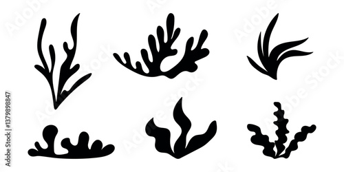 Hand drawn seaweed set in boho style. Sea algae, silhouette plants, reef of coral, underwater elements, marine leaf. Flat summer icon. Isolated vector illustration on white background.