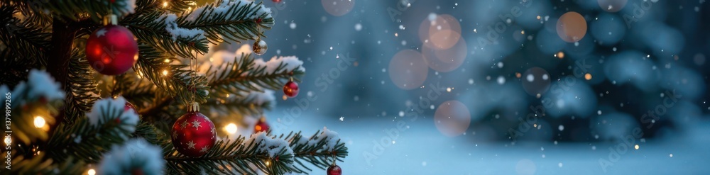 Fototapeta premium Sparkling snowflakes gently falling on a serene Christmas tree, frozen beauty, peaceful scene