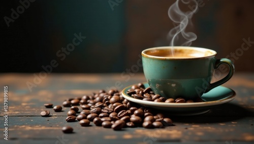 Steamy espresso cup and spilled coffee beans on worn antique table, crema, antique, table