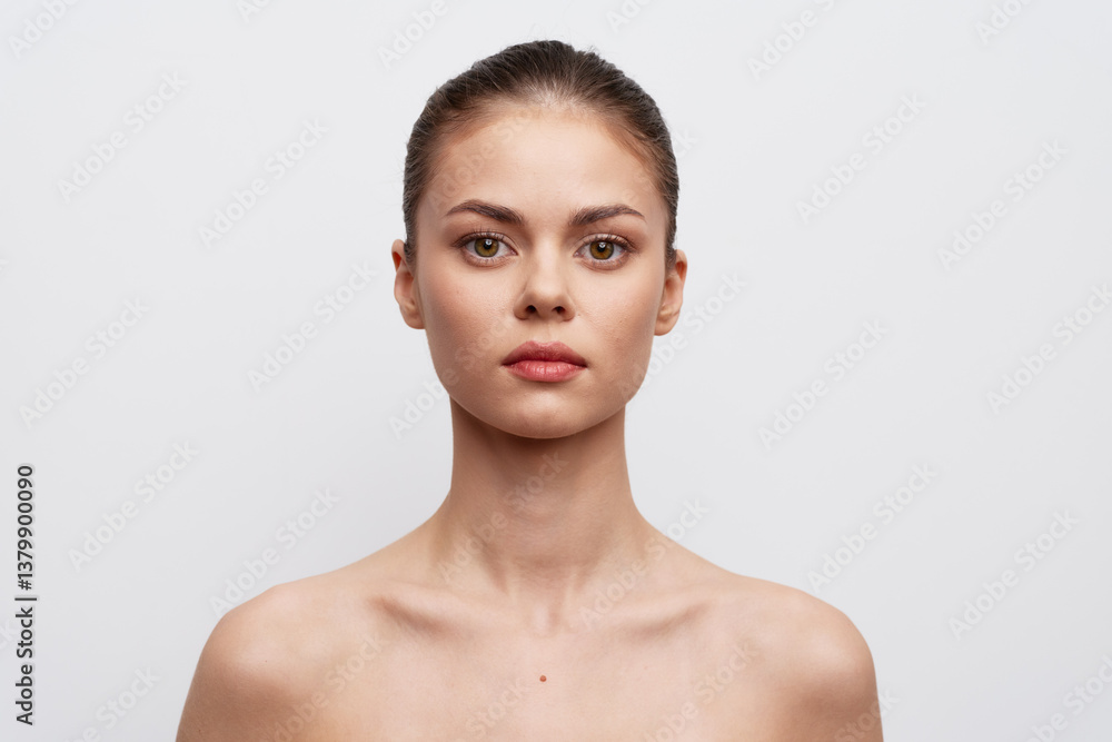 Portrait of a young woman with natural makeup, neutral expression, and smooth skin against a plain white background Ideal for beauty and fashion related visuals