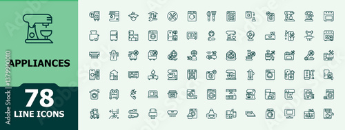 Appliances icon set. Contains such icons as electronic, equipment, cooking, electric, household, appliance and more. Household vector line icon set. Minimalist vector illustration.
