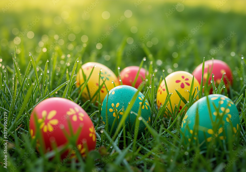 Colorful Easter Eggs Hidden In Green Grass Sunlight Colorful Easter Eggs Hidden In Green Grass Sunlight