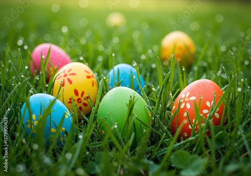 Colorful Easter Eggs Hidden In Green Grass Sunlight
