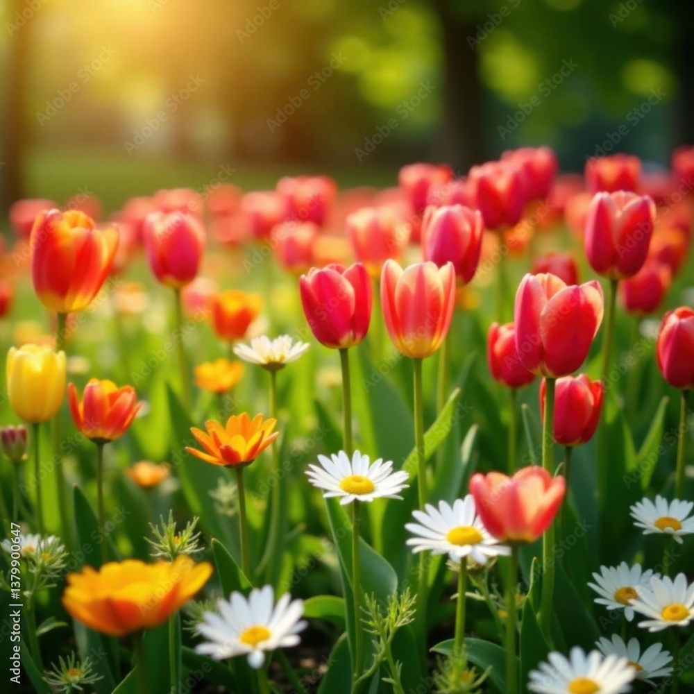 Tulips and daisies in a vibrant flower garden, flowers, watercolor, daisies Tulips and daisies in a vibrant flower garden, flowers, watercolor, daisies