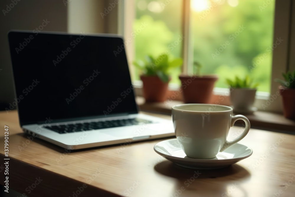 Empty coffee cup, laptop, plants, window view , computer, plants, technology Empty coffee cup, laptop, plants, window view , computer, plants, technology