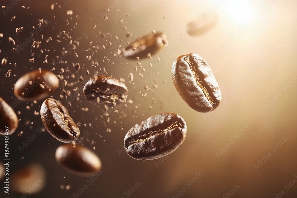 Flying roasted coffee beans with crumbs in golden morning light Flying roasted coffee beans with crumbs in golden morning light