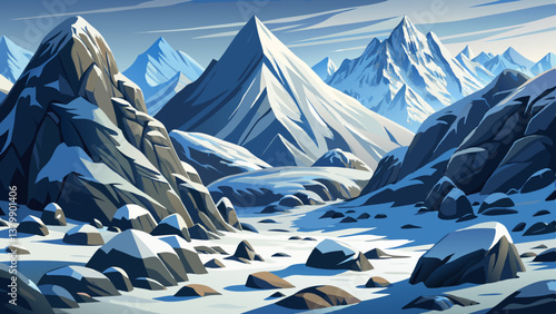 rugged mountain slope with snow covered boulders, Perfect for alpine and winter landscape