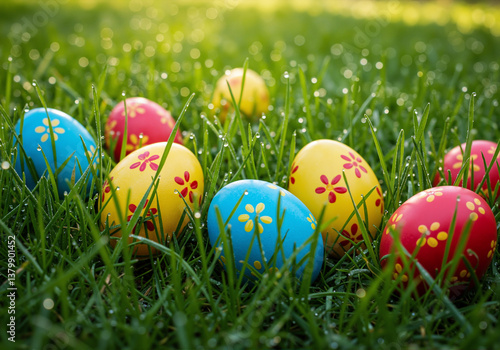 Colorful Easter Eggs Hidden In Green Grass Sunlight
