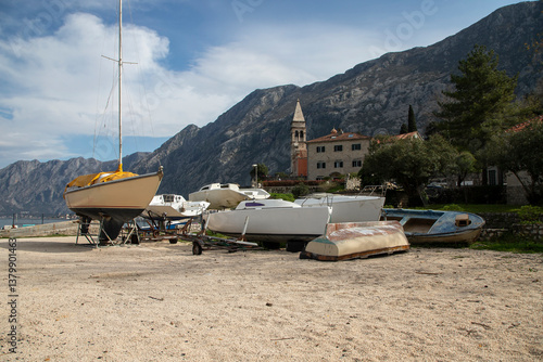 Boats on the beach in Dobrota, Montenegro