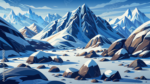 rugged mountain slope with snow covered boulders, Perfect for alpine and winter landscape