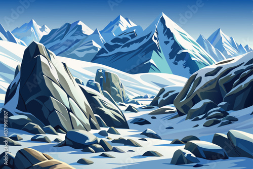 rugged mountain slope with snow covered boulders, Perfect for alpine and winter landscape