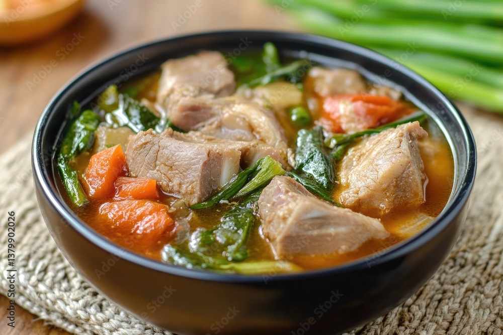 Filipino Cuisine: Sinigang na Baboy - Pork Soup Stew with Tamarind and Vegetables Filipino Cuisine: Sinigang na Baboy - Pork Soup Stew with Tamarind and Vegetables