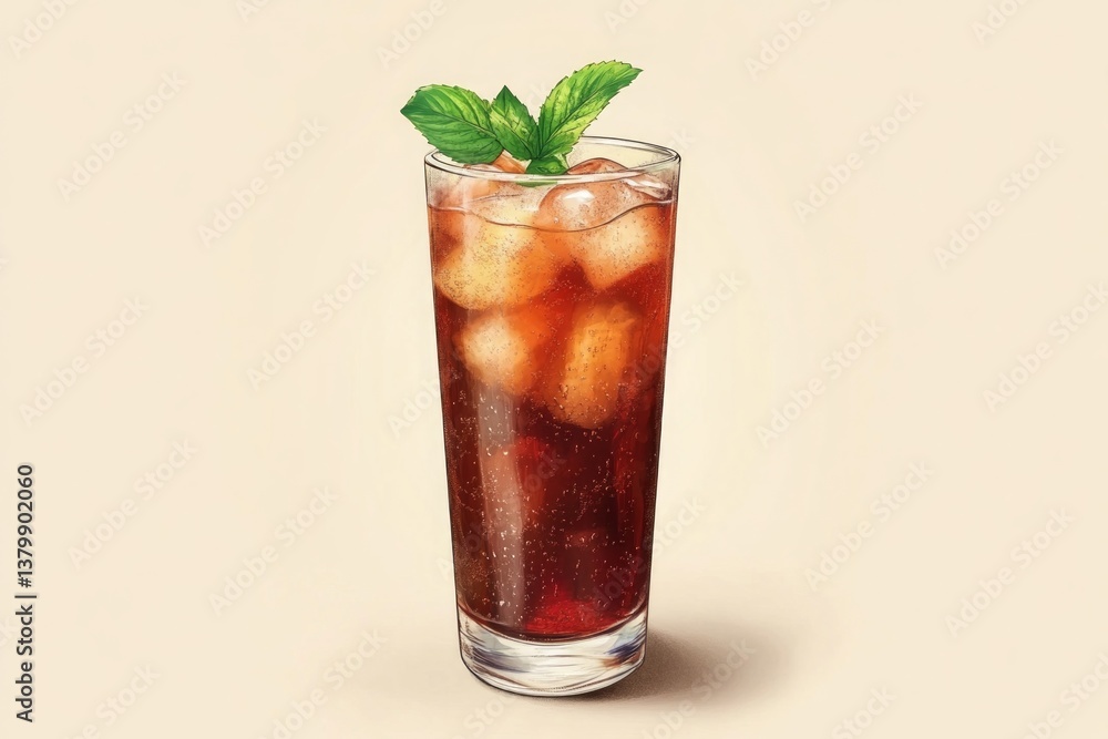 Glass of iced cola with ice cubes and mint leaves. Digital illustration on light beige background. Glass of iced cola with ice cubes and mint leaves. Digital illustration on light beige background.