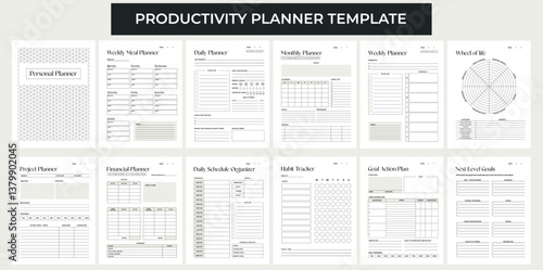 Vector planner pages templates. Daily, weekly, monthly, project, financial, schedule organizer, habit tracker, goals actions and meal planners. Aesthetic modern design.