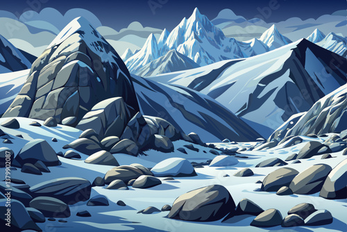 rugged mountain slope with snow covered boulders, Perfect for alpine and winter landscape