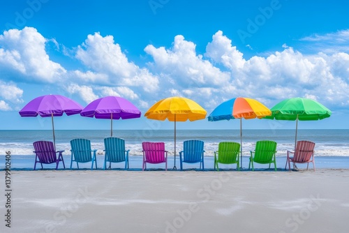 A row of bright beach umbrellas lining the shore in Wildwood, with families enjoying the summer day