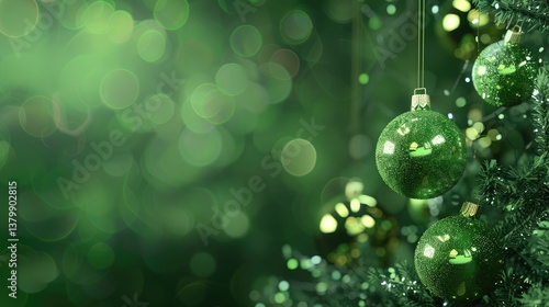 Glimmering green Christmas ornaments hang delicately on a lush tree, surrounded by a soft bokeh background
