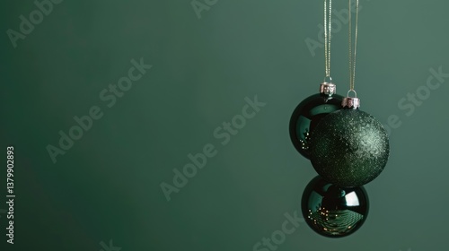 Elegant black Christmas ornaments hanging against a dark green background, creating a festive and minimalist atmosphere