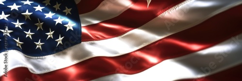 A red, white and blue American flag with stars. The flag is waving in the wind. The flag is a symbol of the United States and represents freedom and patriotism