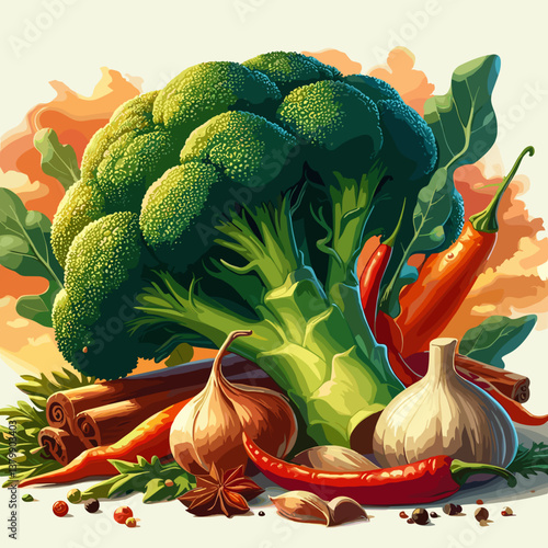 Fresh broccoli with spices and garlic on colorful background for food concept