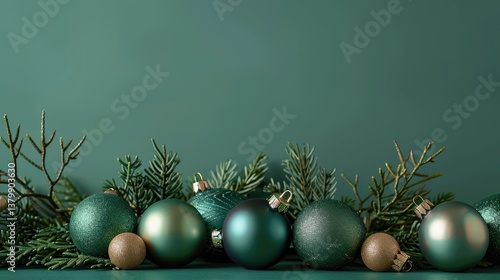 A festive arrangement of green and gold Christmas ornaments and evergreen branches on a serene green background
