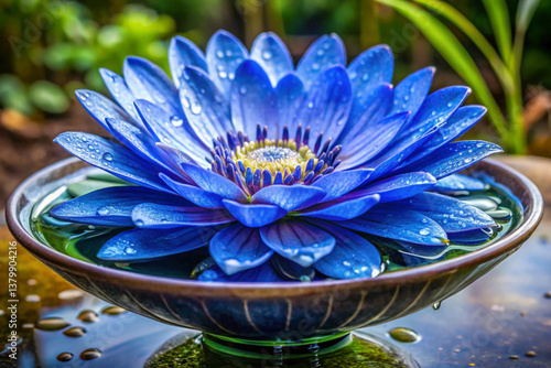 A large, bowl-shaped flower with deep blue petals lined with shimmering silver streaks that resemble raindrops