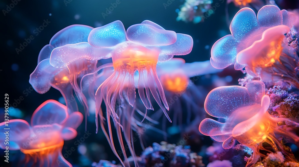 Fototapeta premium The beautiful glowing jellyfish float gracefully through deep blue ocean water