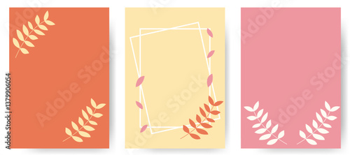 Set of frame posters decorated with elegant leaves and branches. Soft colors floral templates.