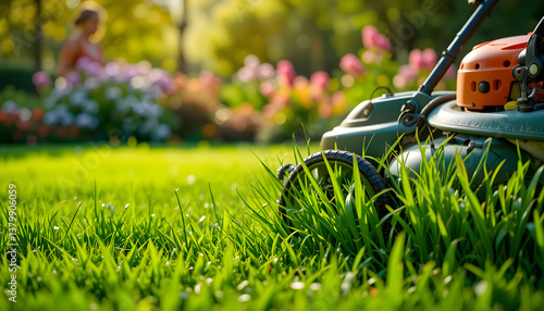 Colorful playground equipment sits on artificial turf. Kids play area cheerful, inviting on sunny day. Trees, fence around playground. Bright colors, sunny sky suggest fun, recreation for children. Se