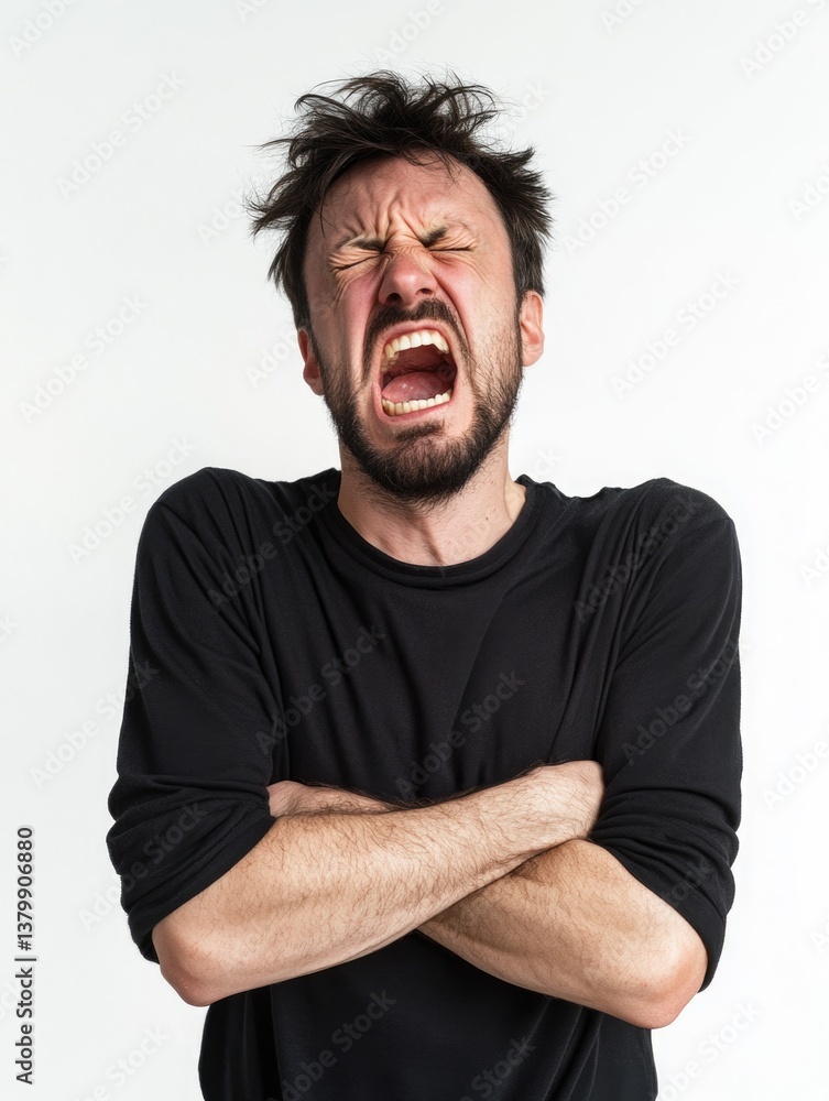 A man with a beard and a black shirt is making a loud noise. He is angry and frustrated