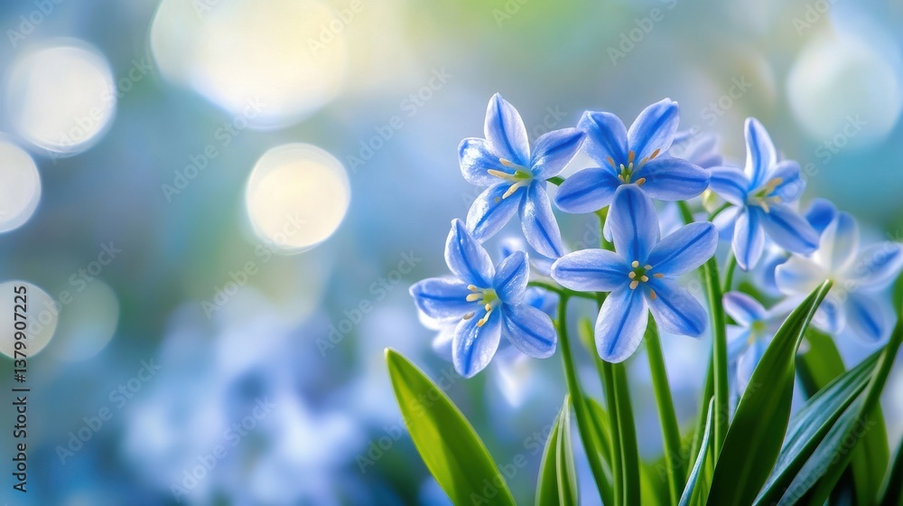 A cluster of blue flowers with slender petals and green leaves fills the foreground, set against a blurred background of soft light and colors. It captures the essence of spring A cluster of blue flowers with slender petals and green leaves fills the foreground, set against a blurred background of soft light and colors. It captures the essence of spring