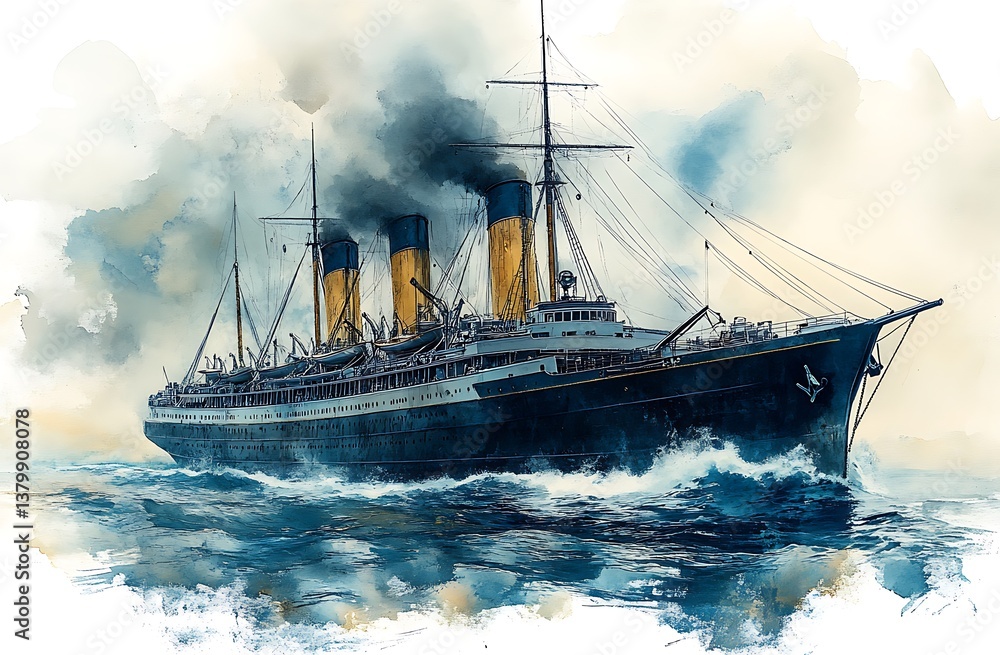 Obraz premium Majestic Cruise Ship at Sea: A Watercolor Painting of Ocean Liner Journey