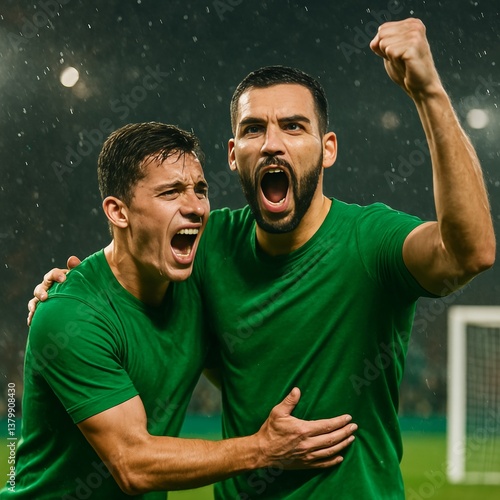 Celebrating men soccer displays excitement and dark hair with green shirts on a field in the rain